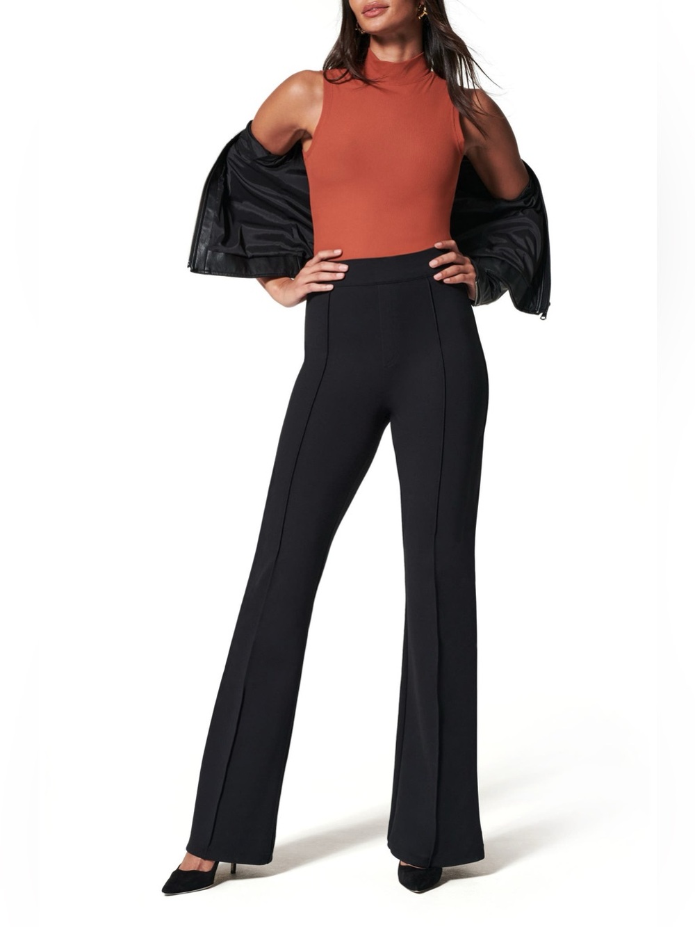 SPANX The Perfect Pant Large Petite Hi-Rise Flare Wide Leg Trouser Black #20252Q